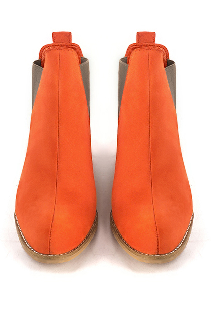 Clementine orange women's ankle boots, with elastics. Round toe. Low leather soles. Top view - Florence KOOIJMAN